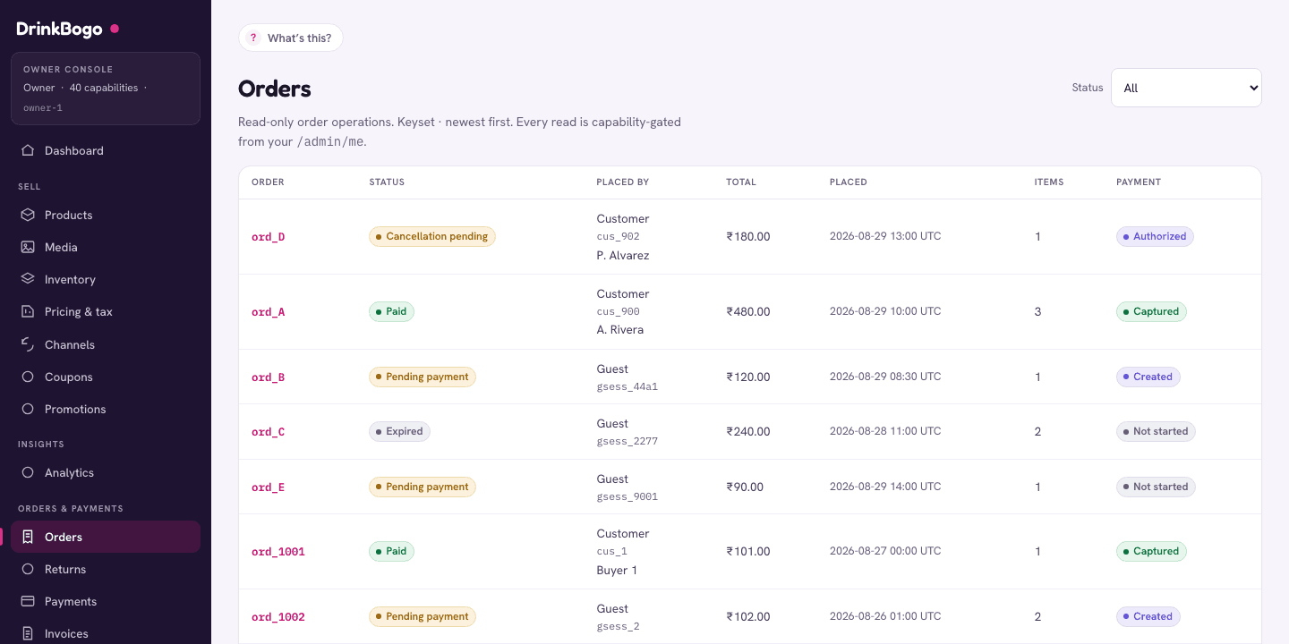 The DrinkBogo owner console — the orders desk, listing each order with its status, payment and customer.